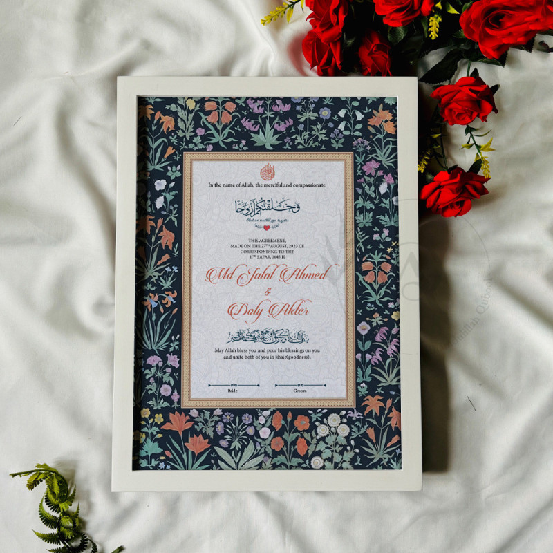 Midnight Floral Nikahnama – Islamic Marriage Certificate with White Frame.