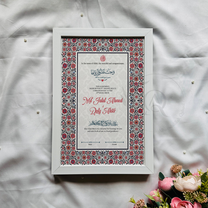 Persian Red Floral Nikahnama – Islamic Marriage Certificate with Wooden Frame.