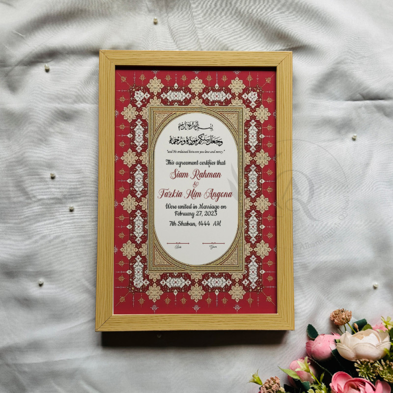 Imperial Red Nikahnama – Islamic Marriage Certificate with Golden Arch Design.