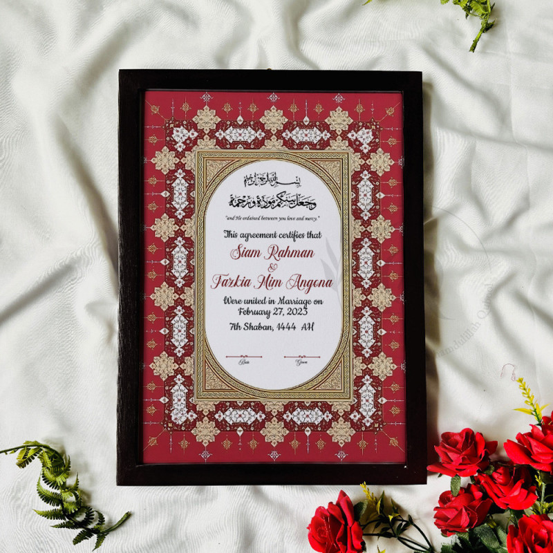 Imperial Red Nikahnama – Islamic Marriage Certificate with Golden Arch Design.