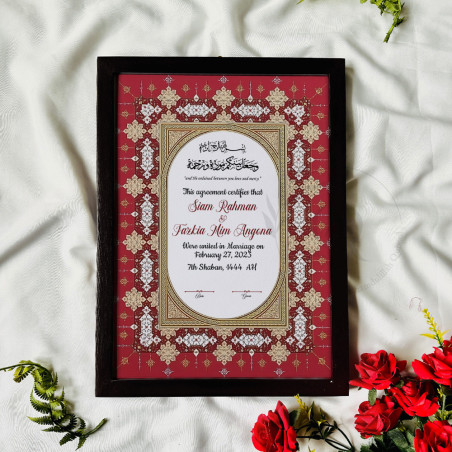 Imperial Red Nikahnama – Islamic Marriage Certificate with Golden Arch Design.