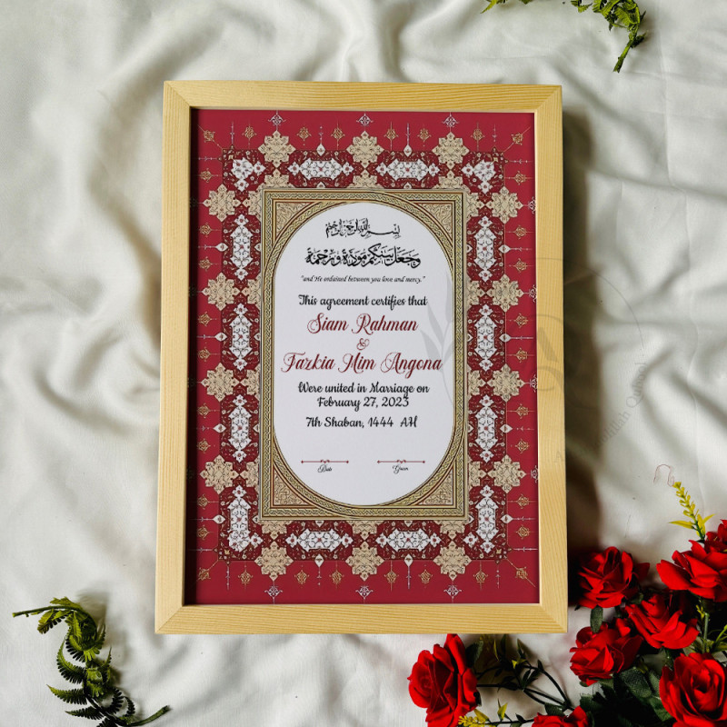 Imperial Red Nikahnama – Islamic Marriage Certificate with Golden Arch Design.
