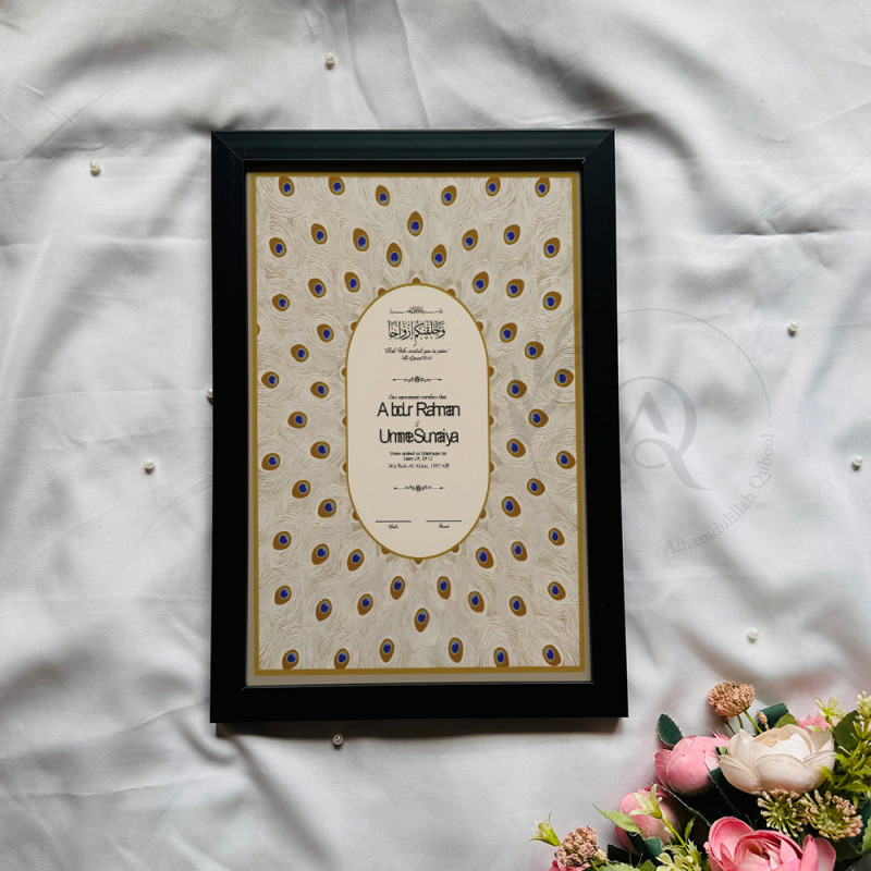 Peacock Nikahnama – Minimalist Oval Islamic Marriage Certificate.