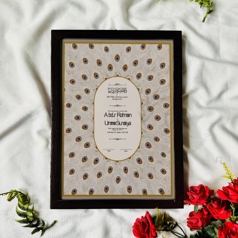 Peacock Nikahnama – Minimalist Oval Islamic Marriage Certificate.