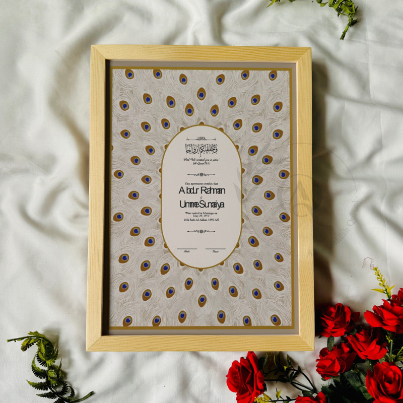 Peacock Nikahnama – Minimalist Oval Islamic Marriage Certificate.