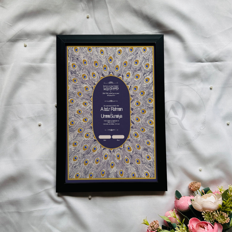 Royal Peacock Feather Nikahnama – Islamic Marriage Certificate with Wooden Frame.