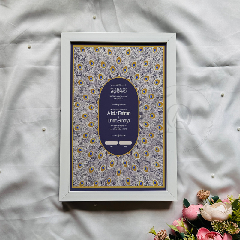 Royal Peacock Feather Nikahnama – Islamic Marriage Certificate with Wooden Frame.