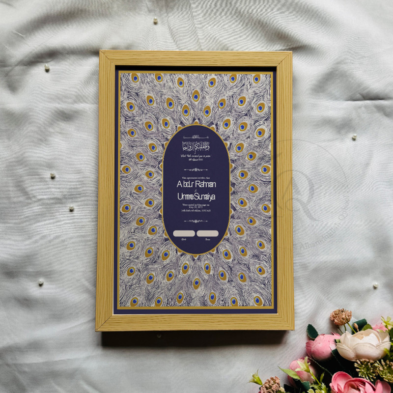 Royal Peacock Feather Nikahnama – Islamic Marriage Certificate with Wooden Frame.