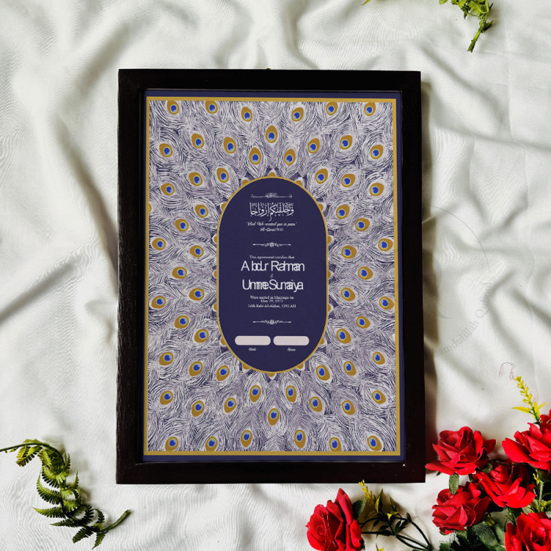Royal Peacock Feather Nikahnama – Islamic Marriage Certificate with Wooden Frame.