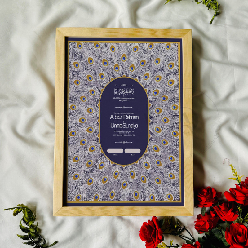 Royal Peacock Feather Nikahnama – Islamic Marriage Certificate with Wooden Frame.