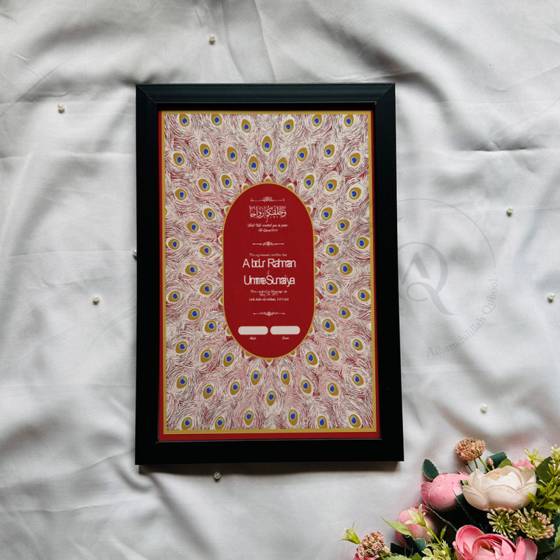 Crimson Oval Nikahnama – Islamic Marriage Certificate with Peacock Feather Design.