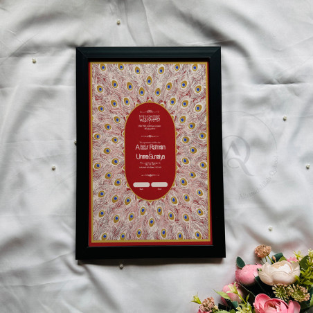 Crimson Oval Nikahnama – Islamic Marriage Certificate with Peacock Feather Design.