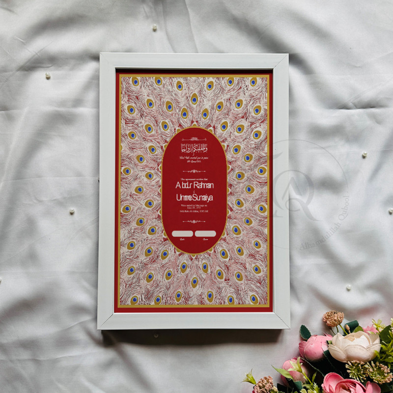 Crimson Oval Nikahnama – Islamic Marriage Certificate with Peacock Feather Design.