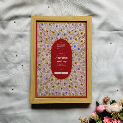 Crimson Oval Nikahnama – Islamic Marriage Certificate with Peacock Feather Design.
