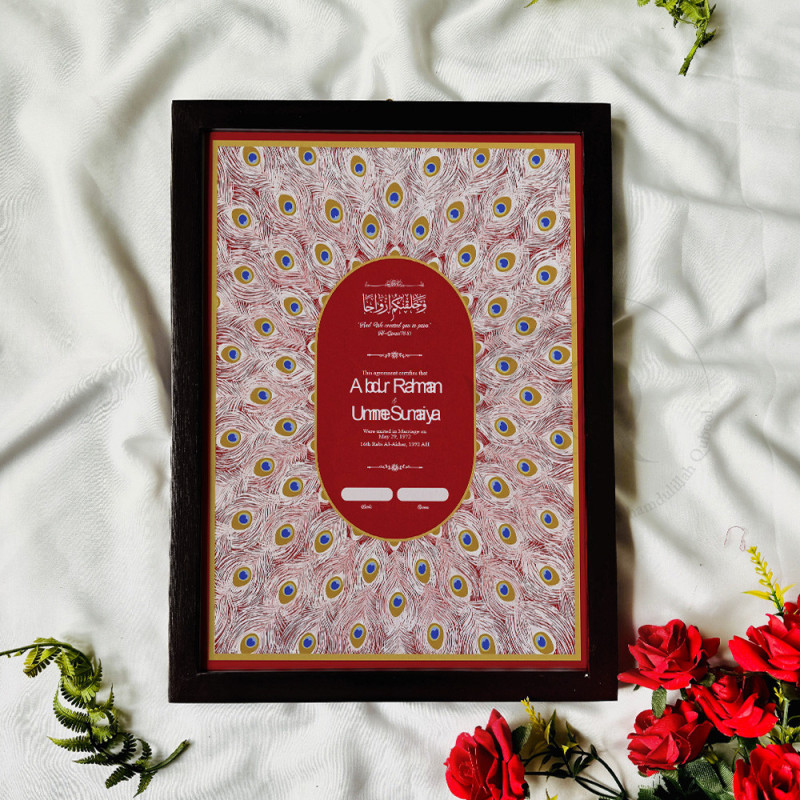 Crimson Oval Nikahnama – Islamic Marriage Certificate with Peacock Feather Design.
