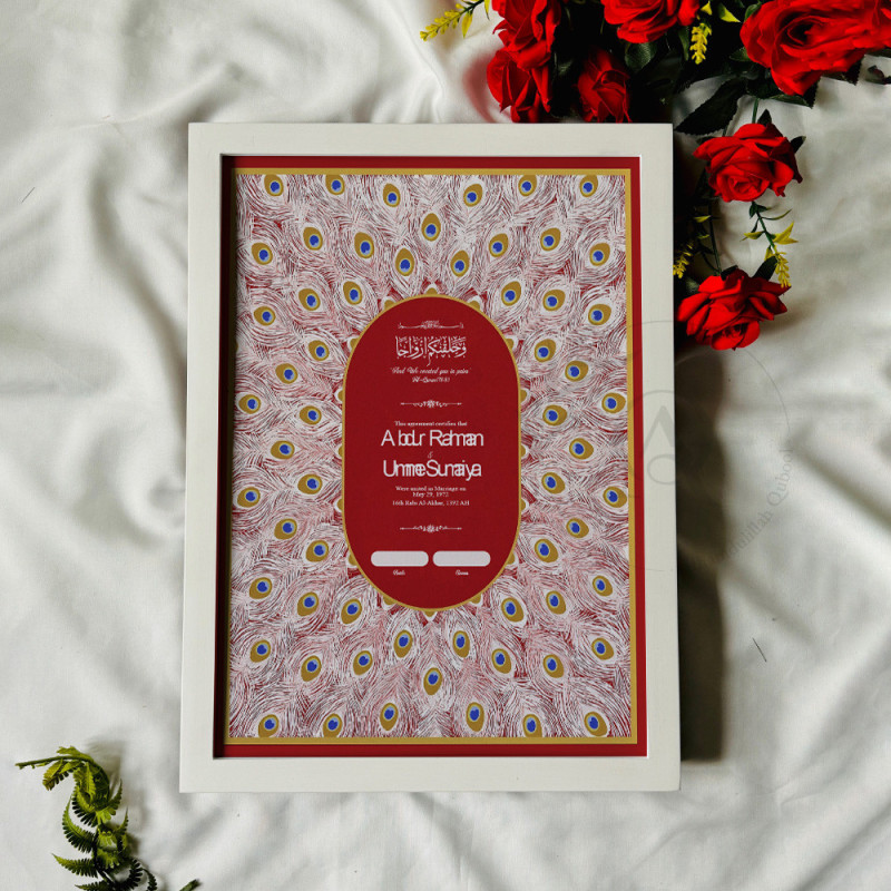 Crimson Oval Nikahnama – Islamic Marriage Certificate with Peacock Feather Design.