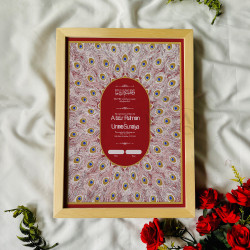 Crimson Oval Nikahnama – Islamic Marriage Certificate with Peacock Feather Design.