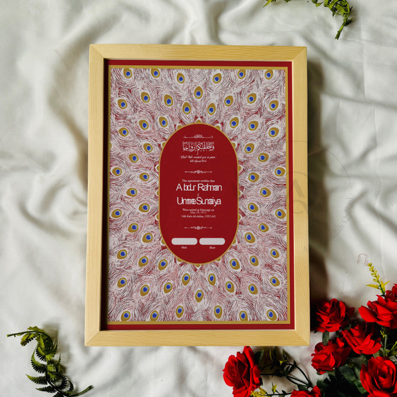 Crimson Oval Nikahnama – Islamic Marriage Certificate with Peacock Feather Design.