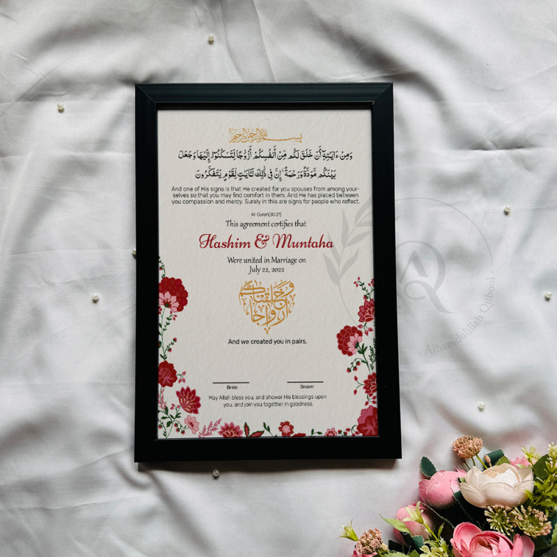 Ibtida-e-Ishq Nikahnama – Floral Islamic Marriage Certificate with Heart Calligraphy