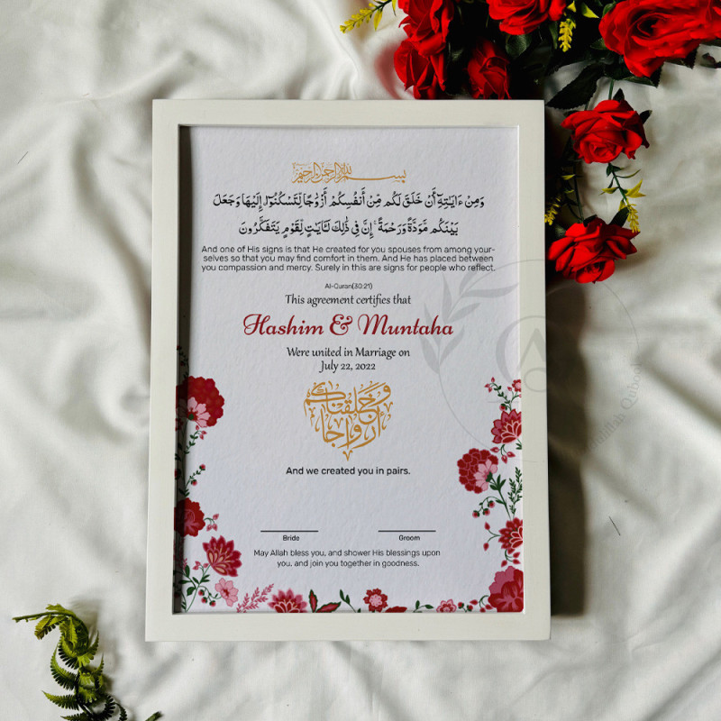 Ibtida-e-Ishq Nikahnama – Floral Islamic Marriage Certificate with Heart Calligraphy