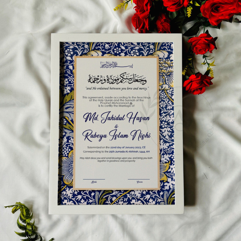 Ottoman Bloom Nikahnama – Blue Floral Islamic Marriage Certificate Art