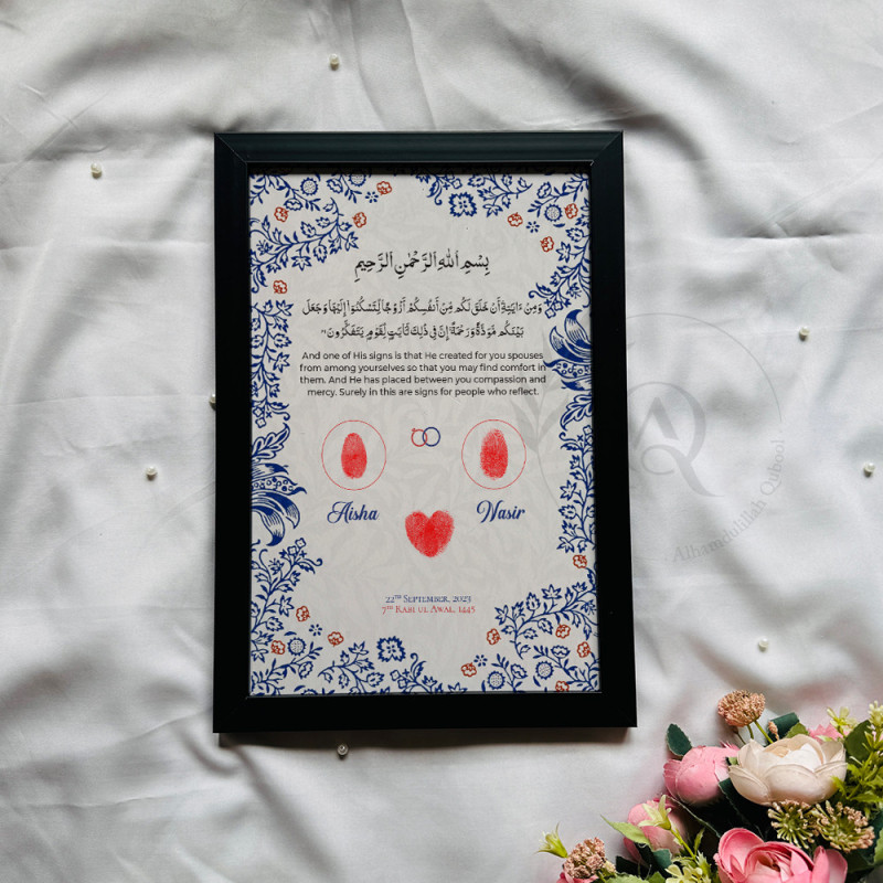 Blue Petal Harmony – Islamic Nikahnama with Fingerprint Heart & Floral Design