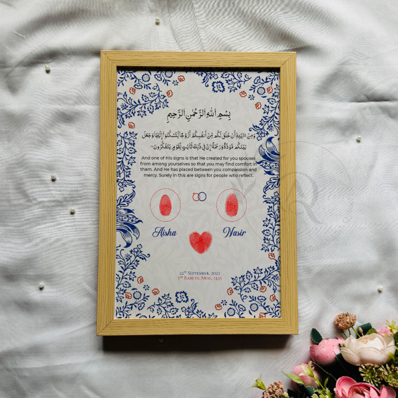 Blue Petal Harmony – Islamic Nikahnama with Fingerprint Heart & Floral Design