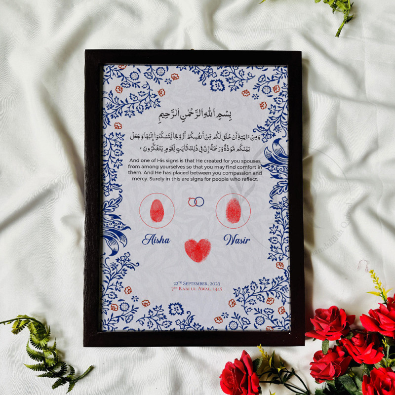 Blue Petal Harmony – Islamic Nikahnama with Fingerprint Heart & Floral Design