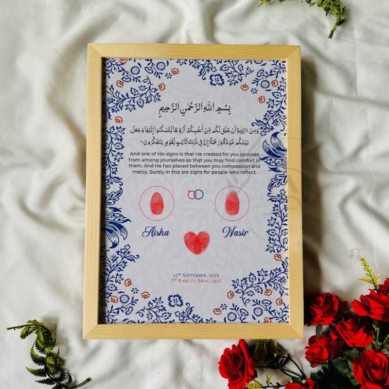 Blue Petal Harmony – Islamic Nikahnama with Fingerprint Heart & Floral Design