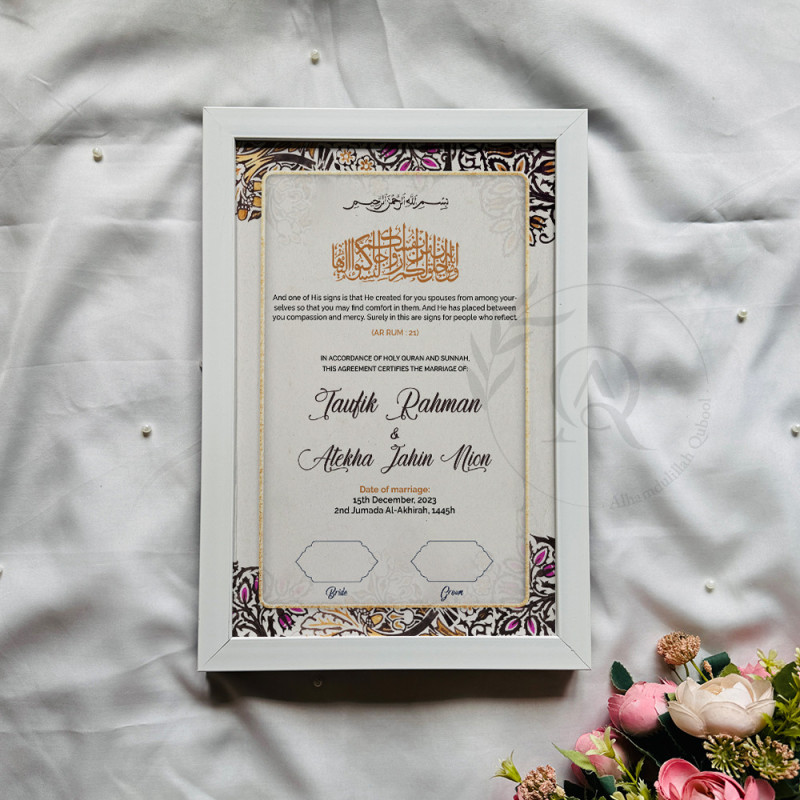 Regal Veil Gold Floral Nikahnama – Elegant Islamic Marriage Certificate Design