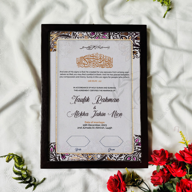 Regal Veil Gold Floral Nikahnama – Elegant Islamic Marriage Certificate Design