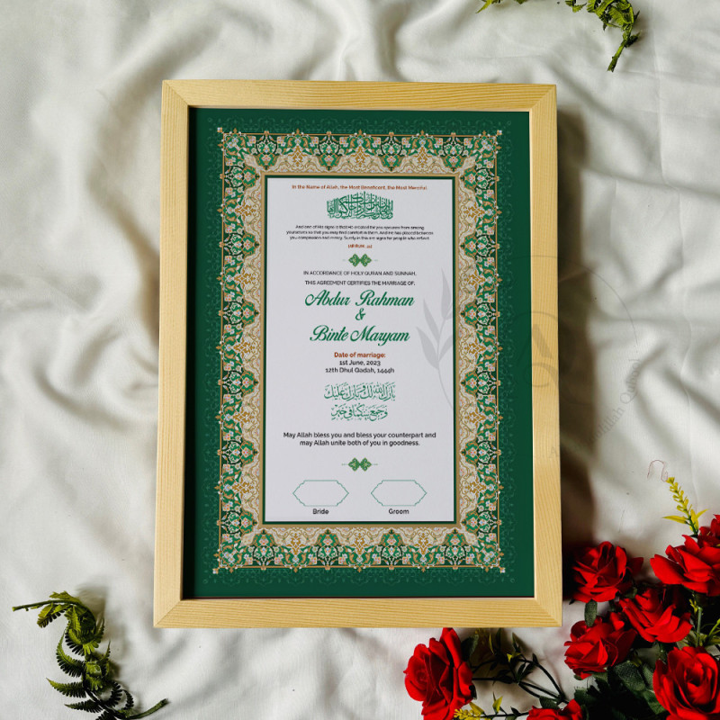 Sundus Emerald Nikahnama – Islamic Marriage Certificate in Green & Gold