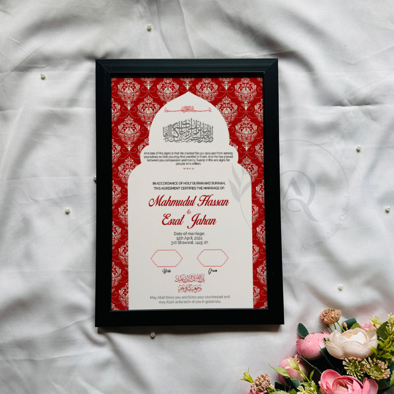 Ruby Arch Nikahnama | Bold Red Islamic Wedding Certificate – Mosque Inspired Design
