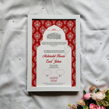 Ruby Arch Nikahnama | Bold Red Islamic Wedding Certificate – Mosque Inspired Design