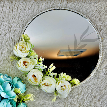 White Floral Wedding Mirror with Pearls – Elegant Bridal Gift | Round Decorative Mirror