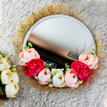 Blush Pink & Red Floral Wedding Mirror – Pearl Rim | Luxury Bridal Gift