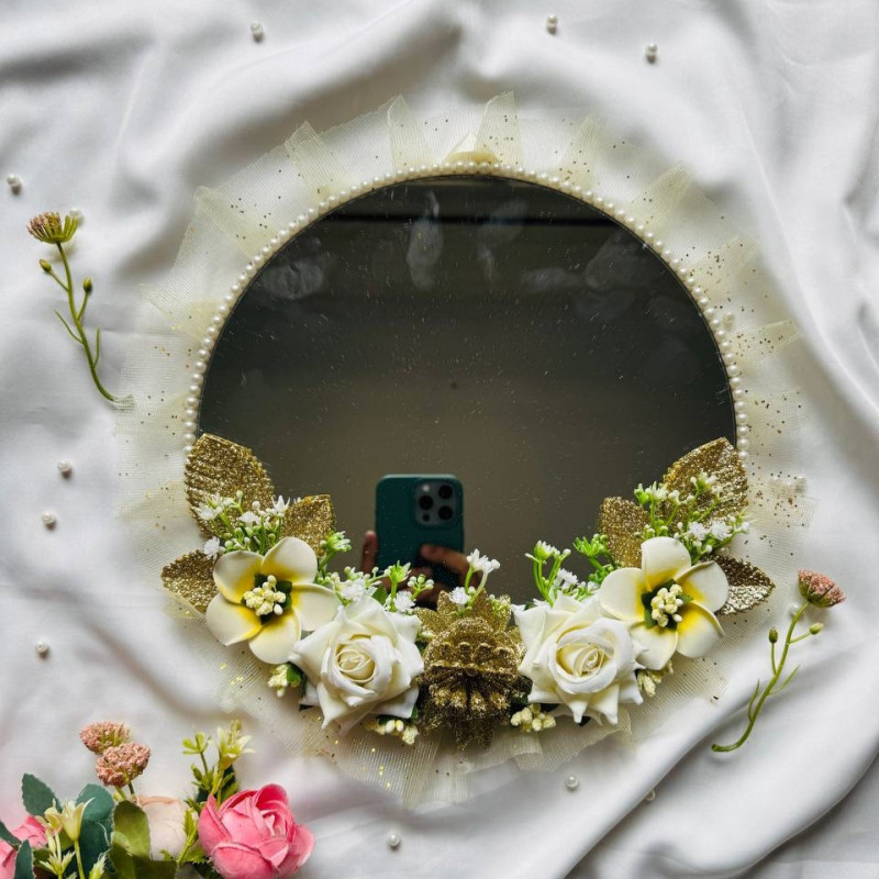 Golden Floral Wedding Mirror – White & Gold Ceremony Mirror | Luxury Bridal Gift