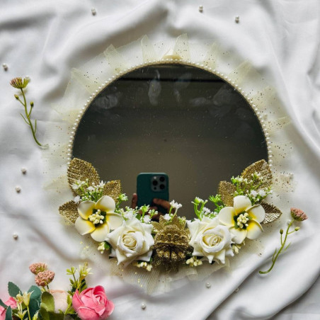Golden Floral Wedding Mirror – White & Gold Ceremony Mirror | Luxury Bridal Gift
