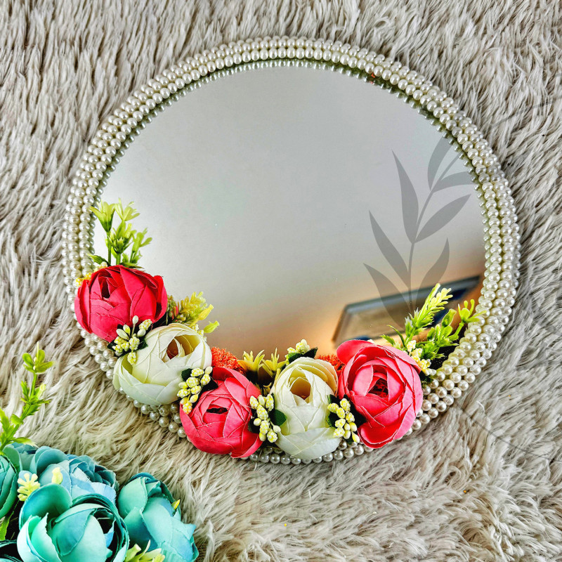 Blush Pink & Ivory Floral Wedding Mirror – Pearl Edge Bridal Gift | Round Mirror