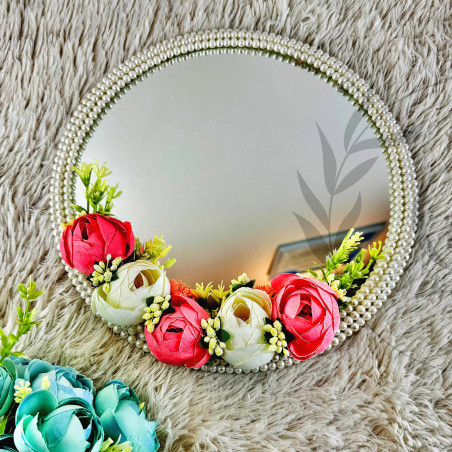 Blush Pink & Ivory Floral Wedding Mirror – Pearl Edge Bridal Gift | Round Mirror