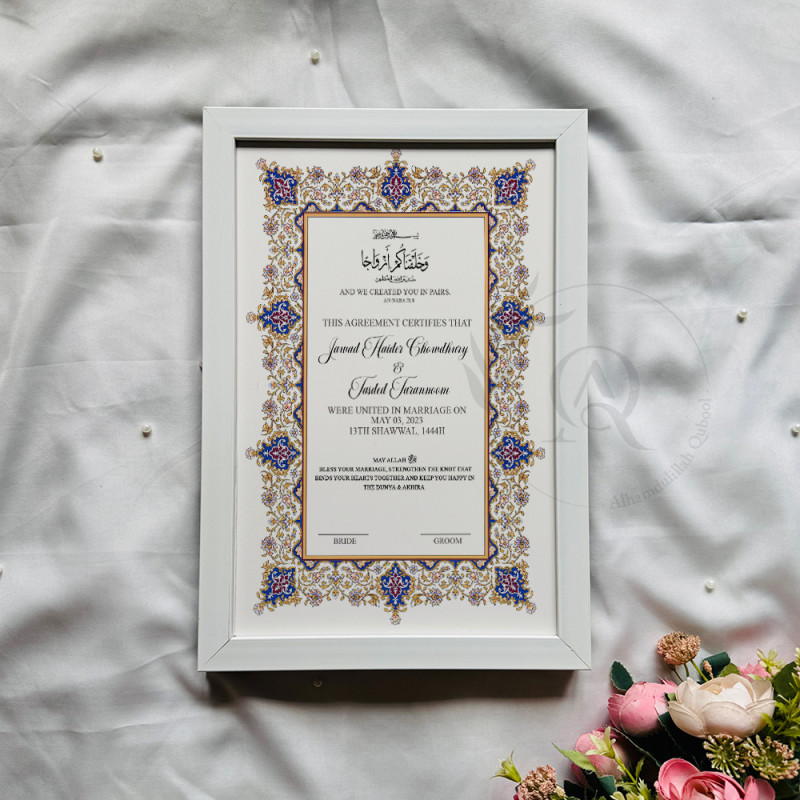 Royal Persian Bloom Nikahnama – Blue & Gold Islamic Marriage Certificate