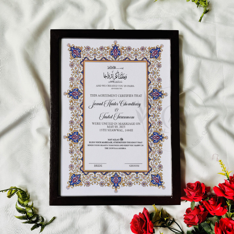 Royal Persian Bloom Nikahnama – Blue & Gold Islamic Marriage Certificate