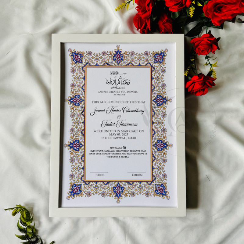 Royal Persian Bloom Nikahnama – Blue & Gold Islamic Marriage Certificate