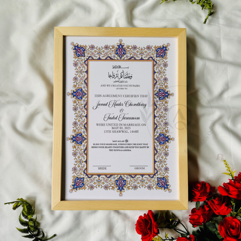 Royal Persian Bloom Nikahnama – Blue & Gold Islamic Marriage Certificate