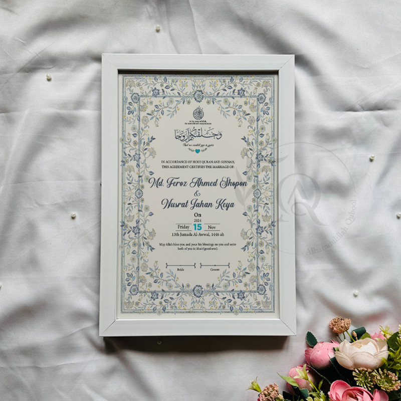 Ivory Leaf Bloom Nikahnama – Elegant Blue Gold Islamic Marriage Certificate