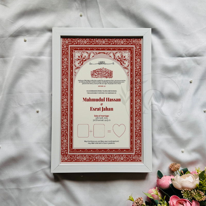 Crimson Bloom Nikahnama – Elegant Islamic Marriage Certificate with Floral Border