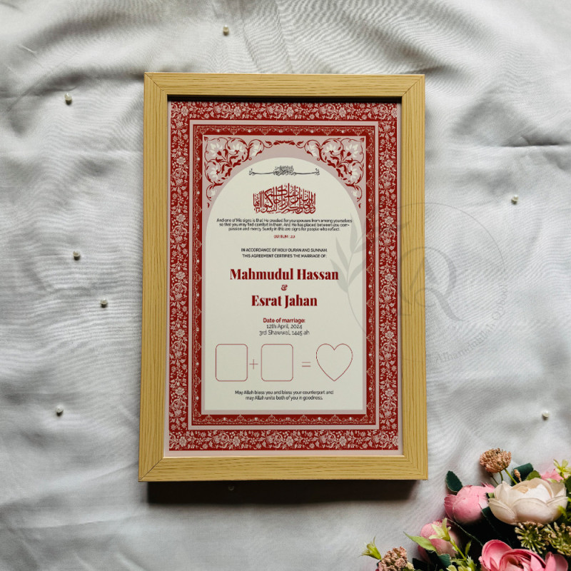 Crimson Bloom Nikahnama – Elegant Islamic Marriage Certificate with Floral Border