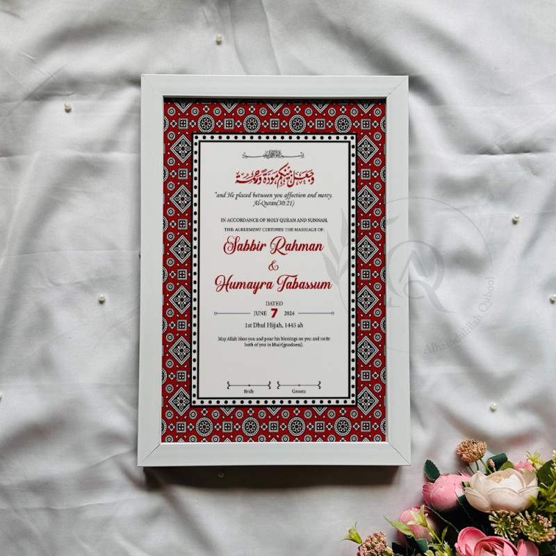 Tribal Crimson Nikahnama – Islamic Marriage Certificate with Bold Pattern