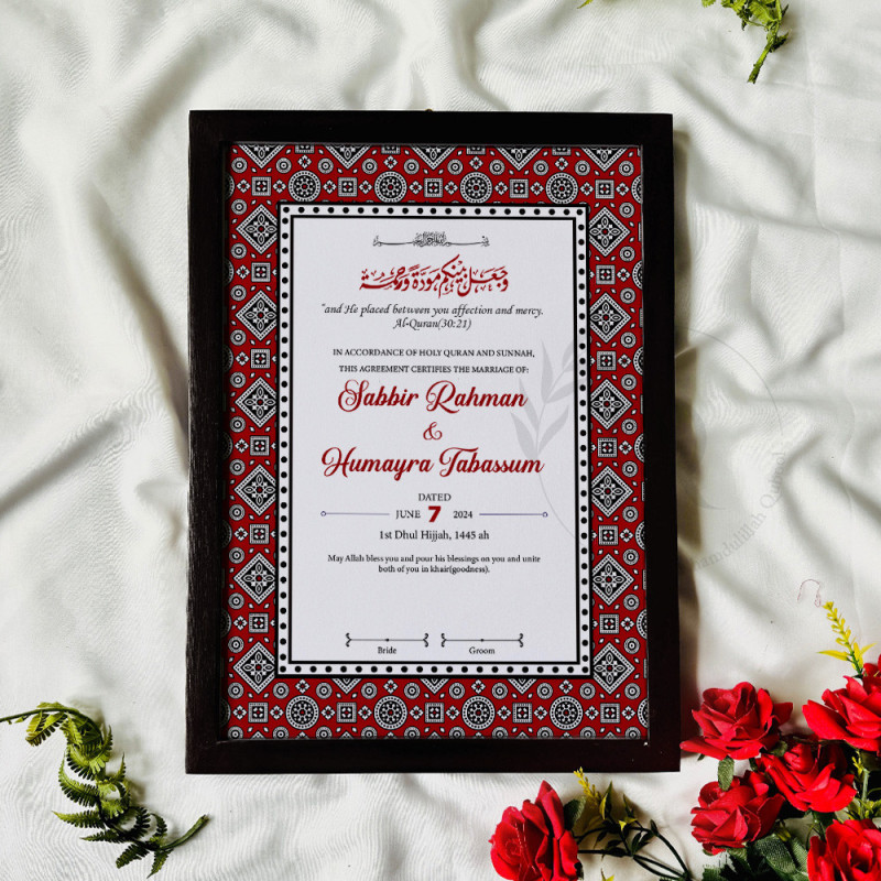 Tribal Crimson Nikahnama – Islamic Marriage Certificate with Bold Pattern