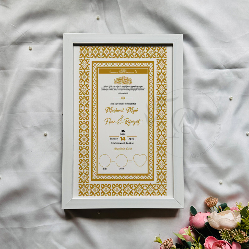 Golden Lace Nikahnama – Elegant Islamic Marriage Certificate with Floral Border